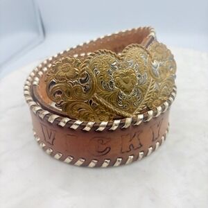 Vtg Crumrine Western Belt Womens 32 Brown Leather Heart Buckle Vicky Tooled Whip